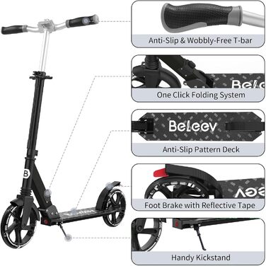 BELEEV V8 Самокат з великими колесами 200 мм, LED-підсвітка, регульована висота, амортизація, складний, для дітей від 6 років, підлітків і дорослих