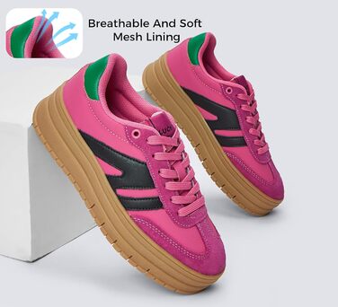 Кросівки LUCKY STEP Plateau Sneaker для жінок - платформа, канвас, ретро стиль, низький профіль, комфортні для повсякденного носіння, бежево-зелені (36 EU, фуксія, чорний)
