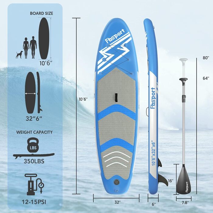 Надувна SUP-дошка FBSPORT 3,2 м з рюкзаком, веслом, насосом, плавником і ременем, протиковзке покриття, для підлітків і дорослих