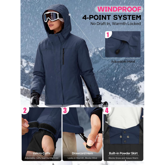 Жіноча водонепроникна куртка для сноубордингу та лижного спорту FREE SOLDIER з флісовою підкладкою та капюшоном. Тепла зимова куртка FREE SOLDIER для жінок, Mitternachtsmarineblau (L)