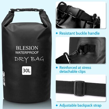 Водонепроникний мішок-рюкзак Dry Bag 5L/10L/15L/20L/30L з регульованим плечовим ременем, для каякінгу, риболовлі, плавання, піших прогулянок та подорожей, чорний (10L)