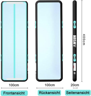 AWSUM Килимок для гімнастики надувний, 2/3/4/5/6 м, для йоги, фітнесу, дому, 10/20 см, м'ятно-зелений + чорний