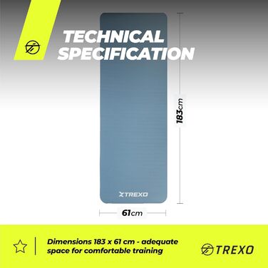 TREXO килимок для фітнесу NBR 183x61 см, 15 мм, синій, з ручками
