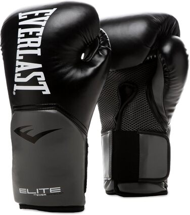 Боксерські рукавички Everlast Elite 2 (14 oz) для мішка, спарингу та роботи з лапами, чорно-сірі, з липучкою та ергономічним грифом