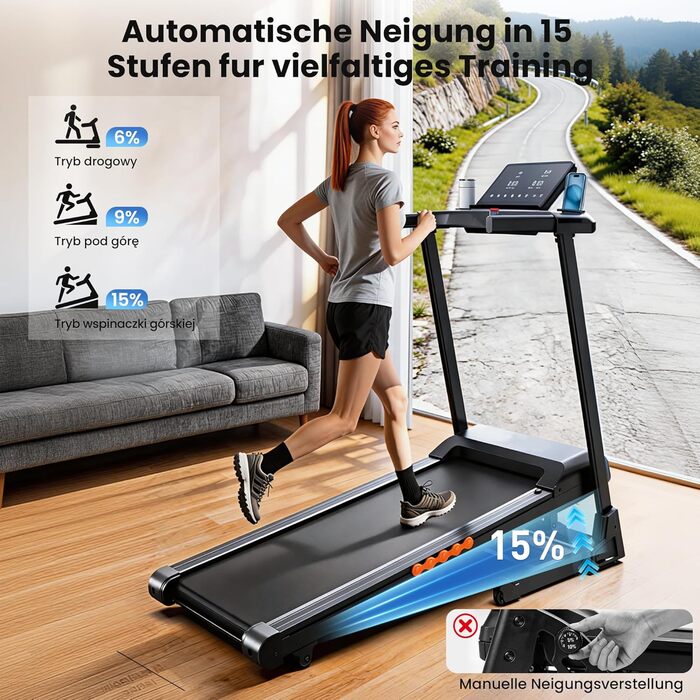 Складана бігова доріжка для дому та офісу з автоматичним нахилом 15%, двигун 3.0 к.с. (до 14 км/год), LED-дисплеєм та 12 програмами, макс. навантаження 136 кг, чорна