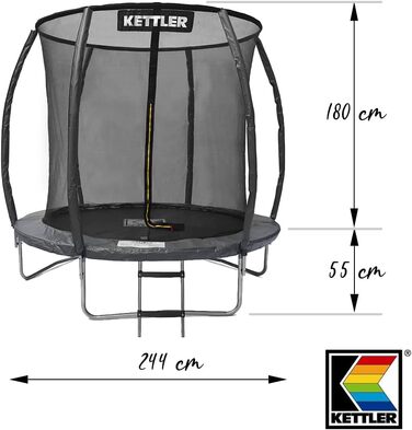 Трамплін Kettler Outdoor Jump 244 з сіткою безпеки, діаметром 244 см, для саду, стійкий до погодних умов, з захисним обідком та сходами, максимальне навантаження 100 кг (сірий)