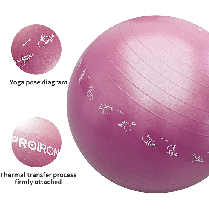 Фітбол PROIRON для фітнесу та йоги, 45-55 см, рожевий з малюнком, з насосом