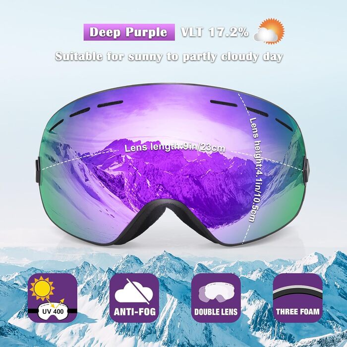 Сноубордична маска EXP VISION для чоловіків і жінок, 100% UV400, антифог, сферична лінза, для окулярів, універсальний розмір, колір Grapes