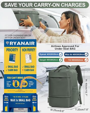 Рюкзак для ручної поклажі 40x20x25 см водонепроникний для Ryanair, EasyJet, авіаперельотів, армійсько-зелений, дорожній, міський, туристичний