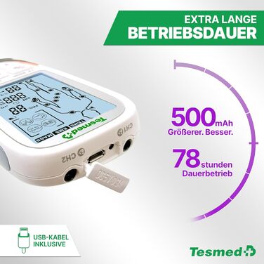 TESMED TE-880R Plus: Музелелектричний стимулятор TENS EMS, пристрій для зняття болю та масажу, 73 програми (2 налаштовуються), 8 електродів