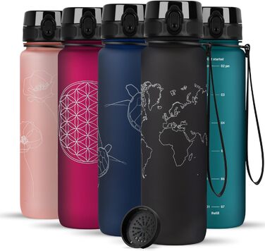 Пляшка для води 720°DGREE uberBottle 1л з ситечком, тритановий, герметичний, легкий, BPA-free, для спорту, фітнесу, велосипеда, університету, чорний Onyx Black, Softtouch