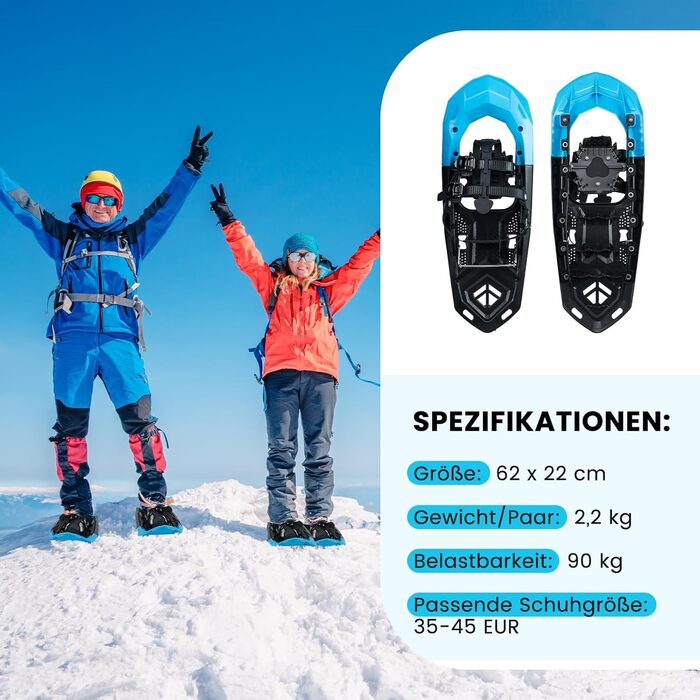 Снігоступи COSTWAY з підйомником, 35-45 розмір, до 90 кг, комплект з трекінговими палками та сумкою (синій, 63 см)