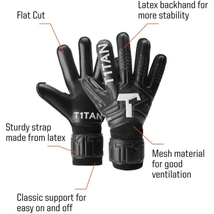 Воротарські рукавички T1TAN Classic 1.0 Black-Out без захисту пальців, футбольні рукавички для воротарів, різні розміри та кольори