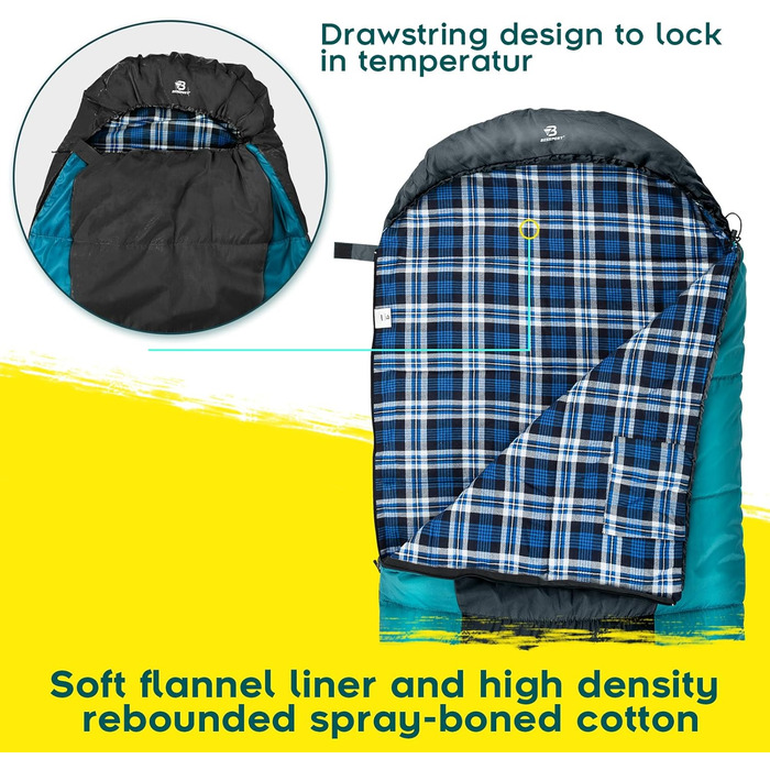 Спальний мішок Bessport Flannel для кемпінгу, 3-4 сезони, -5°C | Легкий, водонепроникний, теплий спальник для дорослих та дітей, для рюкзаків, кемпінгу, походів та подорожей | Фланелевий, синьо-зелений/чорний