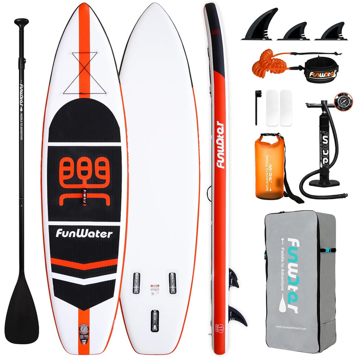 Надувна SUP-дошка FunWater з аксесуарами: ультралегка дошка для веслування стоячи, 3 плавці, регульоване весло, насос, рюкзак, страховий шнур, водонепроникний чохол для телефону