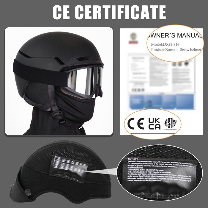 Шолом для сноуборду та гірських лиж з маскою, DXH816. Знімне кріплення, дихаючий, захист від ударів, UV-захист, регульований. Чорний матовий.