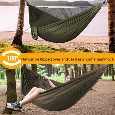 Гамак для кемпінгу NatureFun з москітною сіткою | Максимальне навантаження 300 кг, розмір 290 x 140 см, дихаючий швидковисихаючий матеріал з парашутного нейлону | Комплексна комплектація | Легка установка (Армійний зелений)