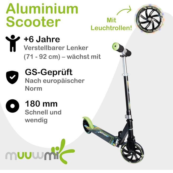 Самокат дитячий Muuwmi Lights алюмінієвий, з підсвіткою коліс, регульований кермо, до 100 кг, зелено-чорний 180мм, сертифікат GS