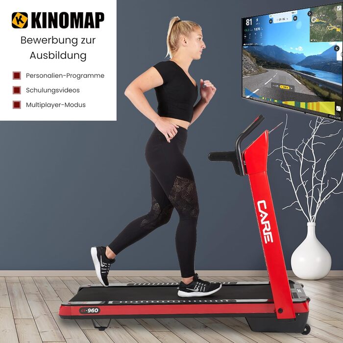 Бігова доріжка Care Fitness з мотором, складана, електрична, з моторизованим нахилом, LCD-дисплеєм і підтримкою додатка Kinomap для дому