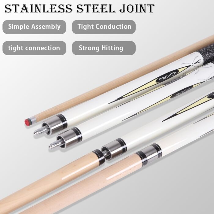 Більярдні киї з канадського клена, 147.3 см, 2 частини. Кий для пулу з низьким перехідником, для дому та барів. Різні діаметри наконечника: 10 мм/11.5 мм/13 мм.