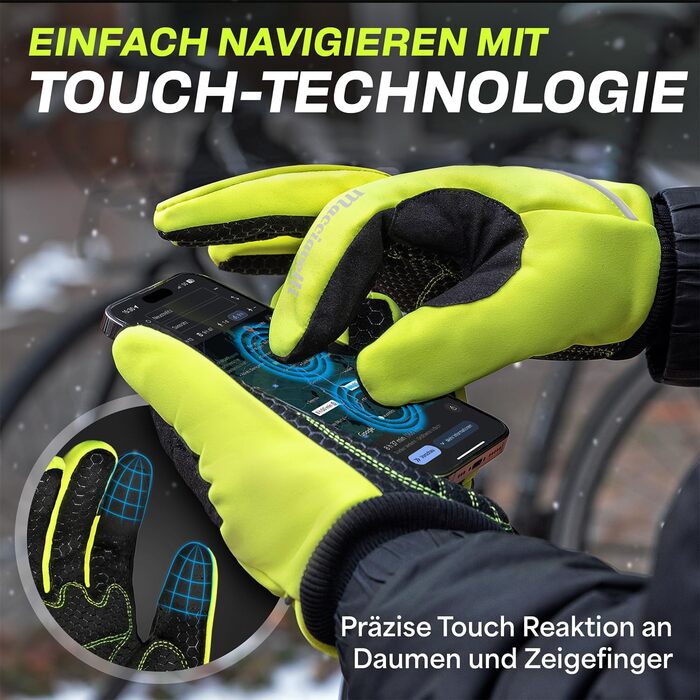 Велосипедні рукавички MACCIAVELLI® для чоловіків та жінок - теплі зимові терморукавички з підтримкою сенсорного екрану для шосе, MTB та гірського велосипеда. Вітро- та водонепроникні, неоново-жовто-зелені