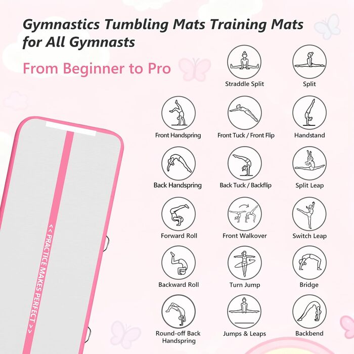 Надувна гімнастична мат для тренувань VOFiTNY (10/20 см товщина, 3/4/5/6 м довжина) для дому, парку та йоги (рожева)