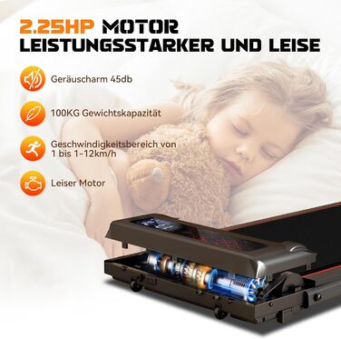 Біговий тренажер RAOO MIN для дому, 1-12 км/год, двигун 2.25HP, складаний біговий килимок 2 в 1 з пультом ДУ/LED-дисплеєм, підставка для телефону. Чорний
