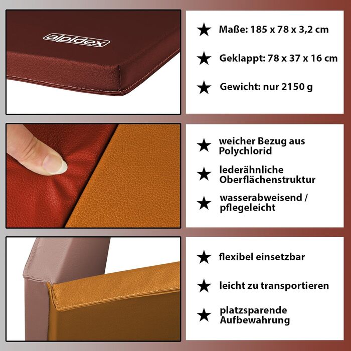 ALPIDEX Складаний м'який мат для гімнастики 185x78x3,2 см, спортивний мат для дому, для дітей і дорослих, червоний