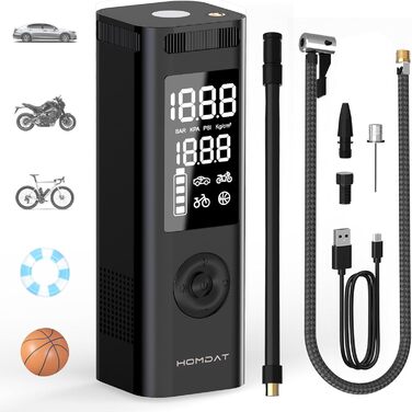 Електричний насос для шин homdat 150PSI, 17800mAh, портативний акумуляторний компресор для автомобільних, велосипедних, мотоциклетних шин та надувних виробів, чорний