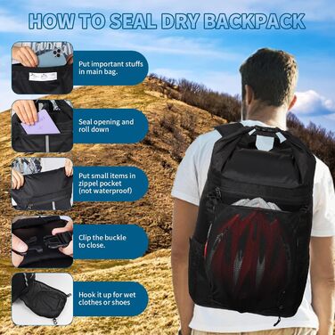 Водонепроникний рюкзак Sunnylon 20L з ролтопом, IPX8, з кишенею для телефону - для плавання, каякінгу, рафтингу, пляжу