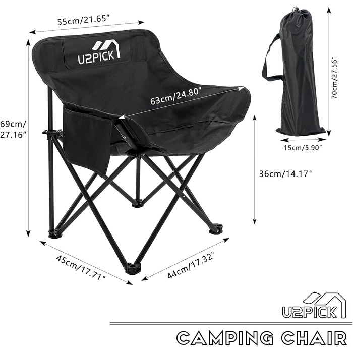 Складний стілець U2PICK для кемпінгу: легкий, міцний, з кишенькою та тримачем для напоїв (чорний)