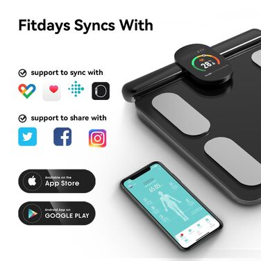 Fitdays Розумна вага для аналізу тіла - вага з 8 електродами, точна цифрова вага BMI з 20+ показниками, Bluetooth, дисплей з підсвічуванням кольорів для м'язів/жиру/води, синхронізація для 6 користувачів (FG2305ULB-Чорний)