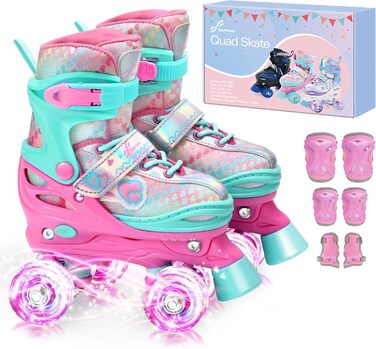 Дитячі ролики Sportneer з захистом, 8 коліс, регульовані, для дівчаток, підліток, початківців, для дому та вулиці (Рожевий, M(EU 33-36))