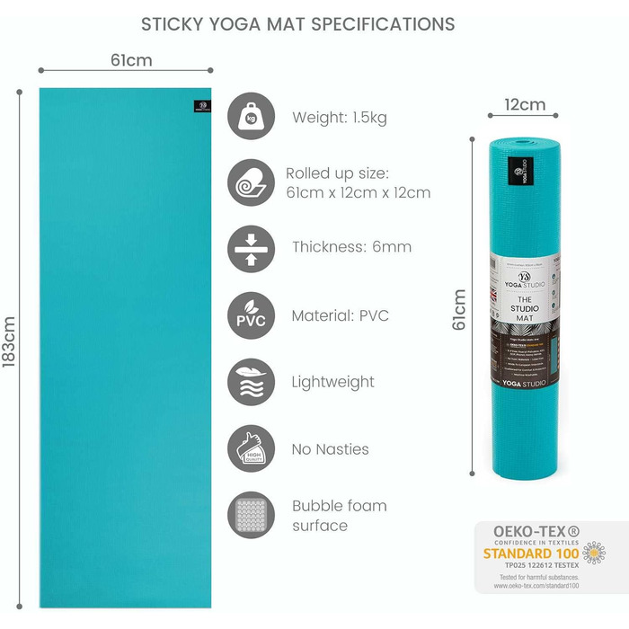 Йога-мат Yoga Studio, антиковзкий, екологічний, для фітнесу, пілатесу та йоги, 183x61 см, 6 мм, бірюзовий