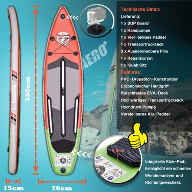 Надувна SUP-дошка 330x76x15 см, до 150 кг, з сидінням для каяка та кріпленням для камери, комплект аксесуарів (весло, насос, рюкзак), багатокольорова
