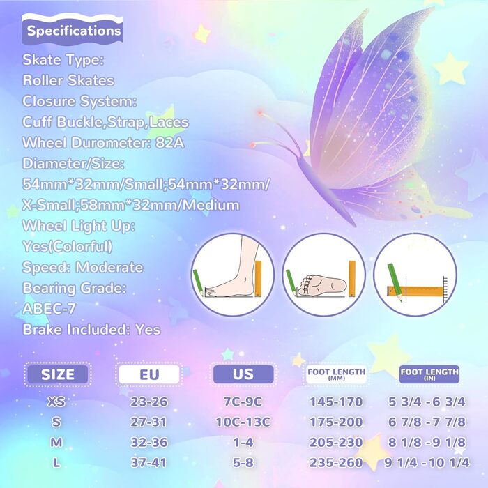 Дитячі ролики Nattork для дівчаток та хлопчиків, регульовані, з підсвічуванням, мотив: метелик та квітка, розміри 4-7, для занять спортом в приміщенні та на вулиці, фіолетовий колір