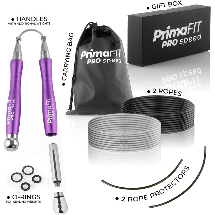 Скакалка PrimaFIT для дорослих, фітнес, професійна, 3м, регульована з обважнювачами, 2 підшипники, антиковзні ручки, для боксу, MMA, кросфіту, сталевий трос, чохол, фіолетова