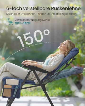 Складний туристичний стілець SONGMICS для відпочинку та риболовлі, з регульованою спинкою, підстаканником та кишенею, блакитний