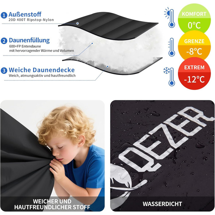 Спальний мішок зимовий теплий легкий 0°C -23°C для дорослих та дітей, 4 сезони, кемпінг, відпочинок на природі, чорний