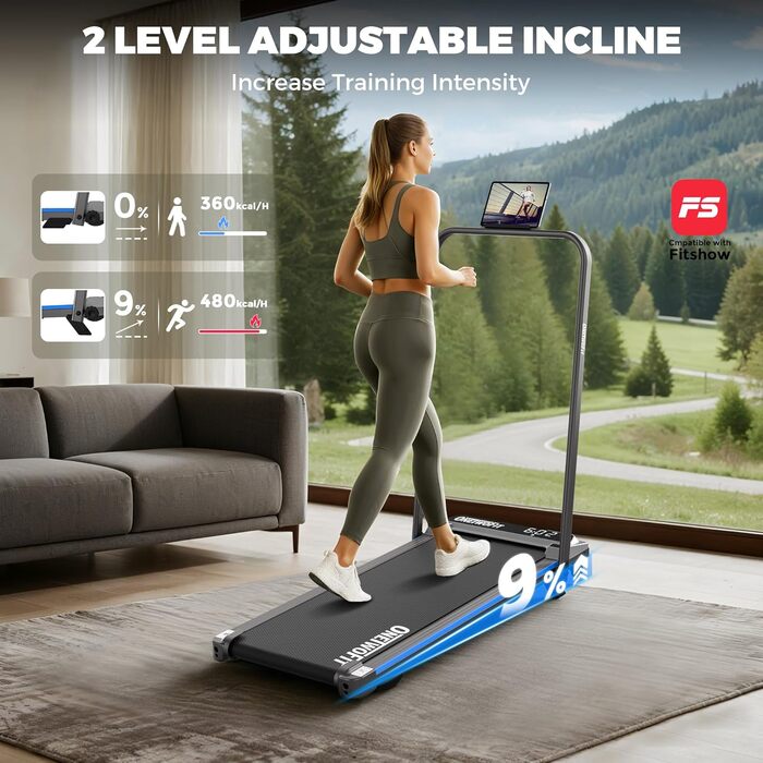 ONETWOFIT Ходункова доріжка, біговий тренажер для дому з ручками, регульований нахил, керування з пульта та через додаток, 2.5HP, складаний, 12km/h