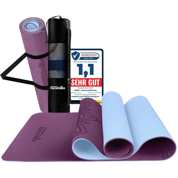 Килимок для гімнастики та йоги з неслизькою поверхнею, з чохлом та E-book, 183x61 см, Мандала фіолетовий