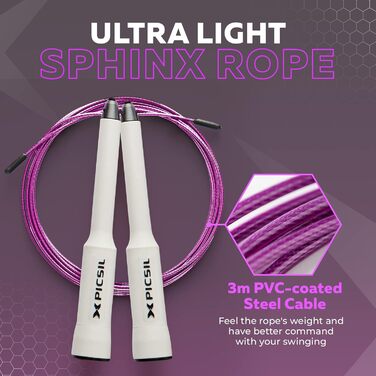 Скакалка Picsil Sphinx Speed для кроссфіту, фітнесу та боксу, легка і міцна, професійна з подвійним підшипником, високоякісні матеріали (біла)