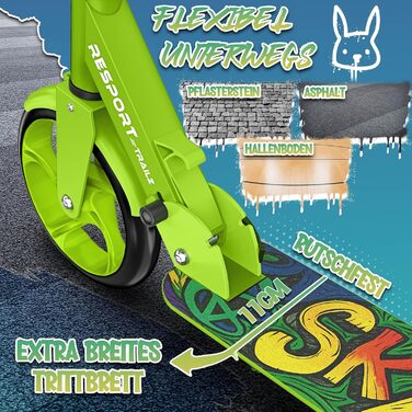 Дитячий та дорослий трюковий самокат Cityroller з дзвіночком та ременем | Регульована висота, складний, до 100 кг | Великі колеса, Kickscooter, Kickroller (Зелений)