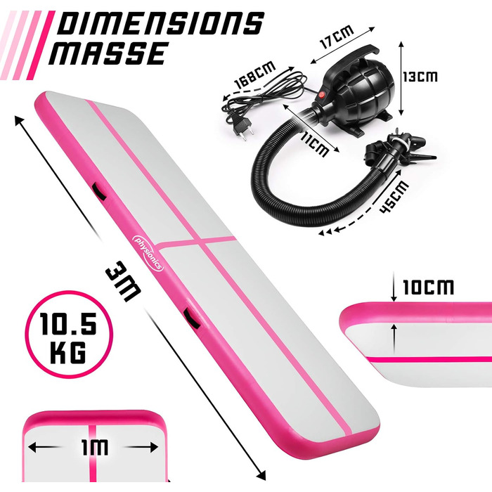 Physionics® Air Matte Track - Розвиваюча тренувальна гімнастична матка надувна, з електричним насосом, 3/4/5/6/7/8 м, рожева (300x100x10 см)
