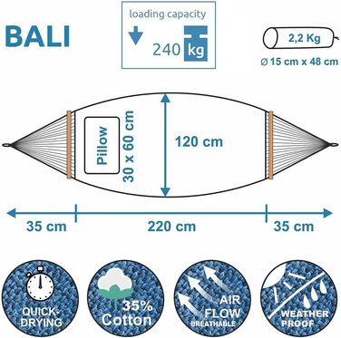 Гамак yourGEAR Bali XL з подушкою - 240 кг, сертифікований TÜV, 240x120 см, колір аква, бавовняний, з комплектом кріплення