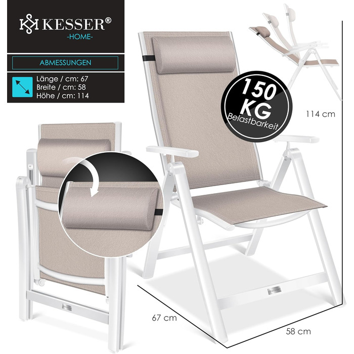 Крісло садове KESSER® з високою спинкою, з підлокітниками, алюмінієве, розкладне, з подушкою та чохлом. Регулювання спинки 7 положень, дихаюча тканина, стійке до погодних умов. 1 шт. (Taupe)