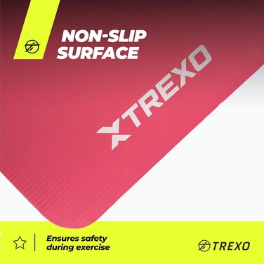 TREXO килимок для фітнесу NBR 183x61 см, рожевий - міцний, 15 мм, з антиковзким покриттям та ручками