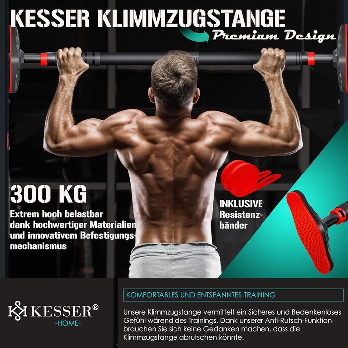 KESSER Турнік для дверей, розсувний, 68-106 см, до 300 кг, з антиковзкими ручками та резистивними стрічками, без свердління