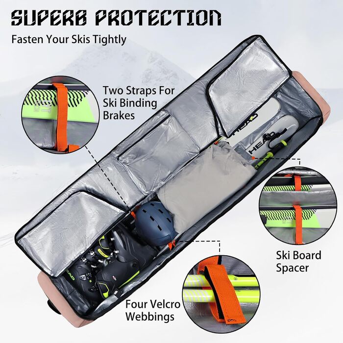 Чохол для сноуборда на колесах, водонепроникний, 600D, для подорожей літаком, вміщує 2 пари лиж (175см), рожевий