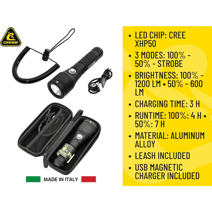 Ліхтар Cressi Astra Black - потужний водонепроникний ліхтар LED для дайвінгу, риболовлі та підводних досліджень (1200 Lumen)